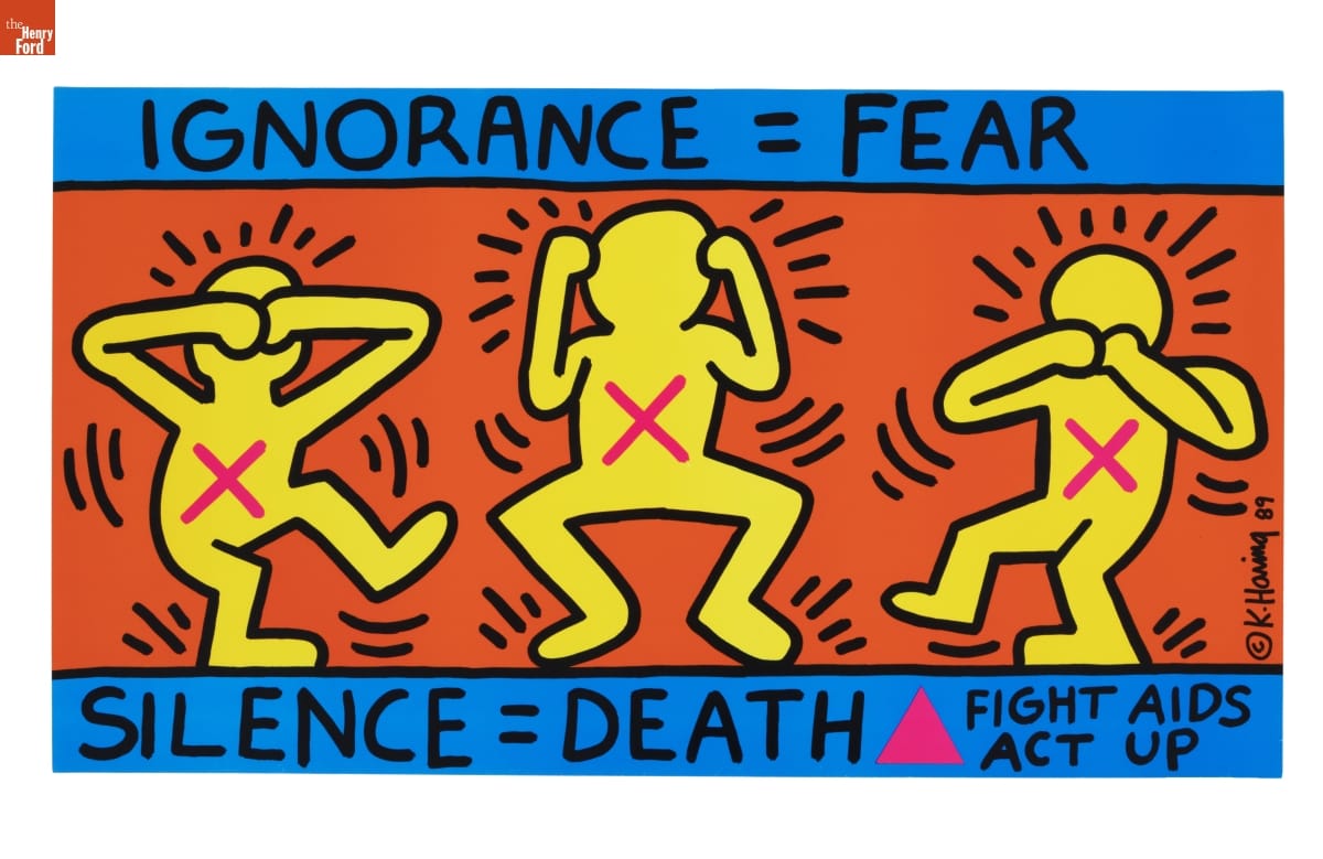 IGNORANCE = FEAR, SILENCE = DEATH Fight AIDS ACT UP Poster, 1989 Poster with simple yellow human figures with hands over eyes, ears, and mouth, respectively, with blue bands containing text at top and bottom of poster
