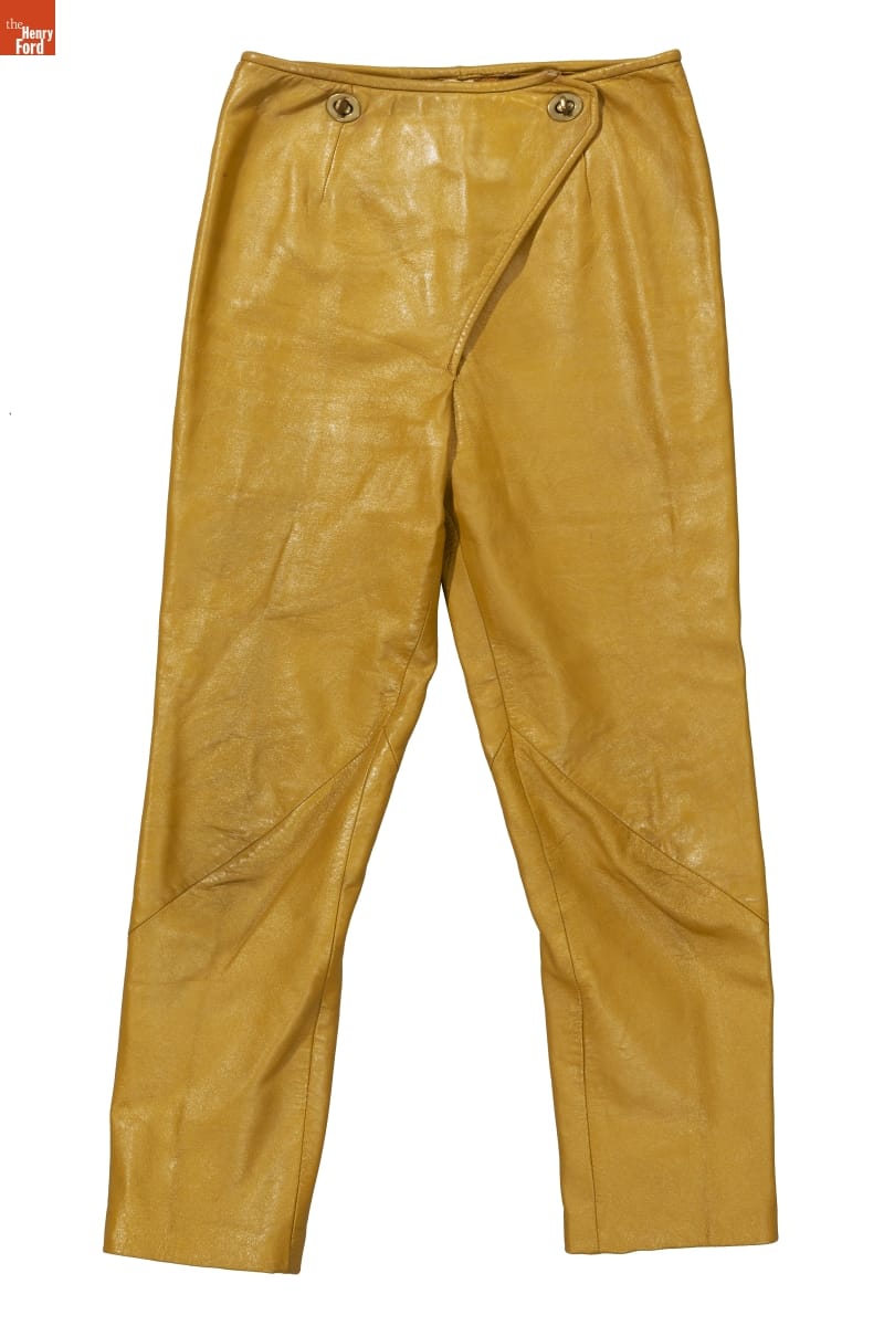 Pants, Designed by Bonnie Cashin, 1965-1970 Mustard-colored leather pants with triangular flap at fly buttoning at two places at the waist