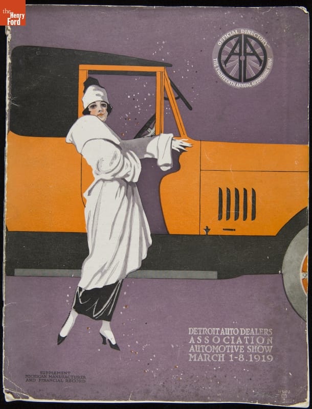 Detroit Auto Dealers Association Eighteenth Annual Automotive Show Program, March 1919 Woman in white coat and hat standing by a yellow car on a mauve background; contains text