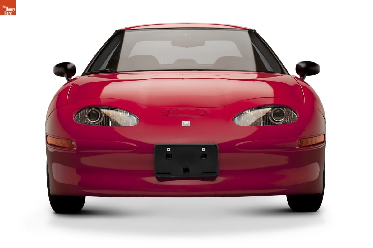 1997 General Motors EV1 Electric Coupe Front view of compact red car