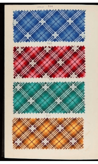 Sample Book for Lancaster Mills, "Glenkirk," Spring 1928 GIF cycling through two sheets each containing four rectangular fabric samples in plaids and geometric patterns; also contains typed or printed numbers