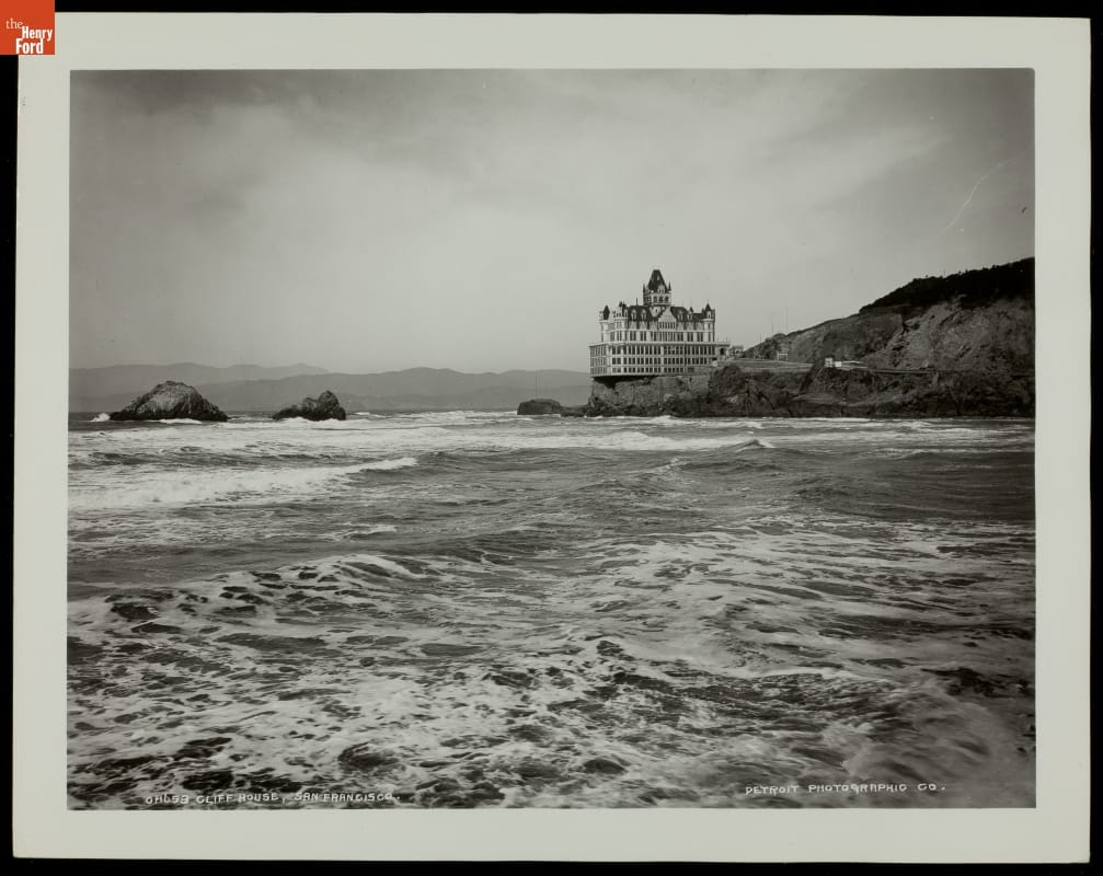Cliff House, San Francisco, California, circa 1905 Black-and-white photo of large building at the edge of bluffs over a body of water