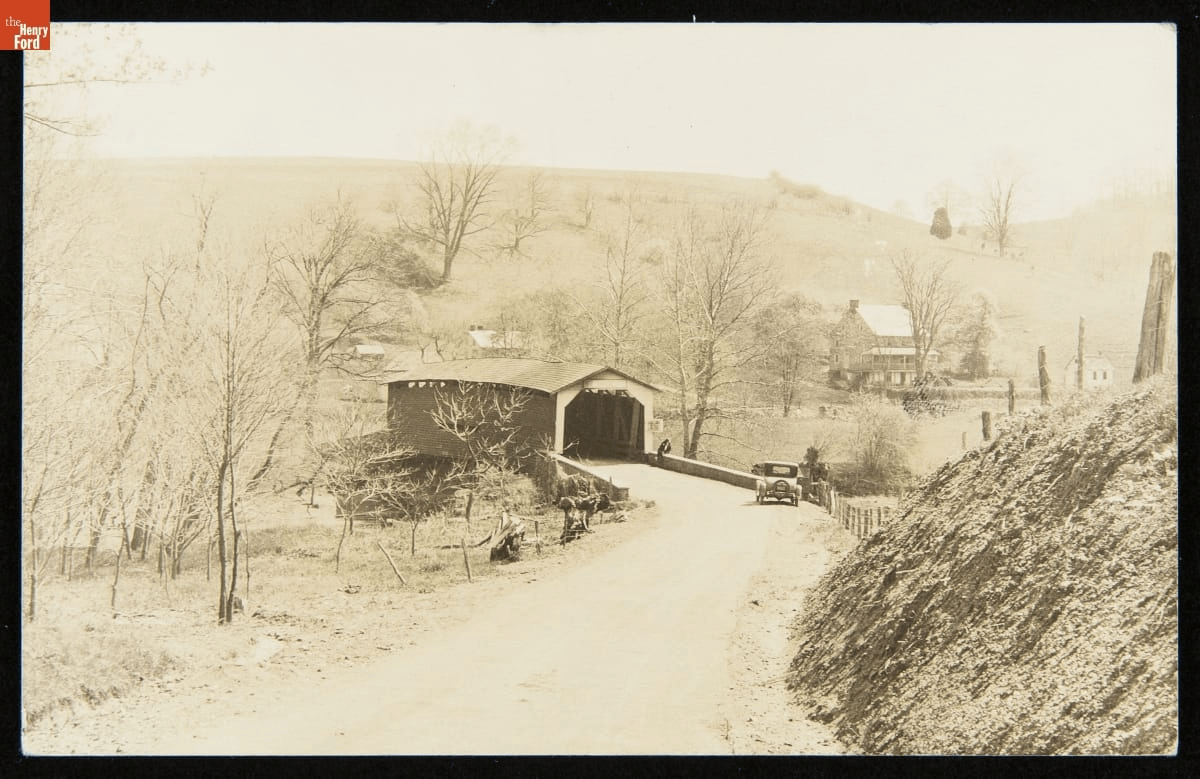 Postcards of covered bridges in Maryland, New Hampshire, Vermont, and Pennsylvania GIF cycling through four postcards showing covered bridges