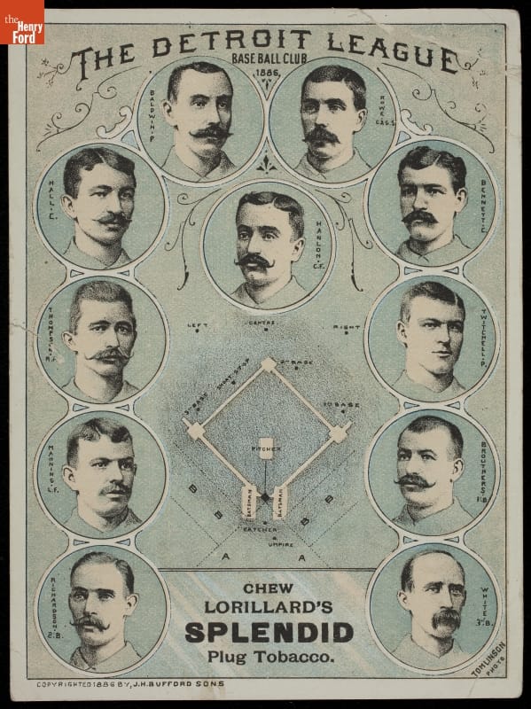 Trade Card for the Detroit League Base Ball Club, Sponsored by "Splendid" Plug Tobacco, P. & G. Lorillard, 1886 Card with portraits of 11 men, text, and image of baseball diamond
