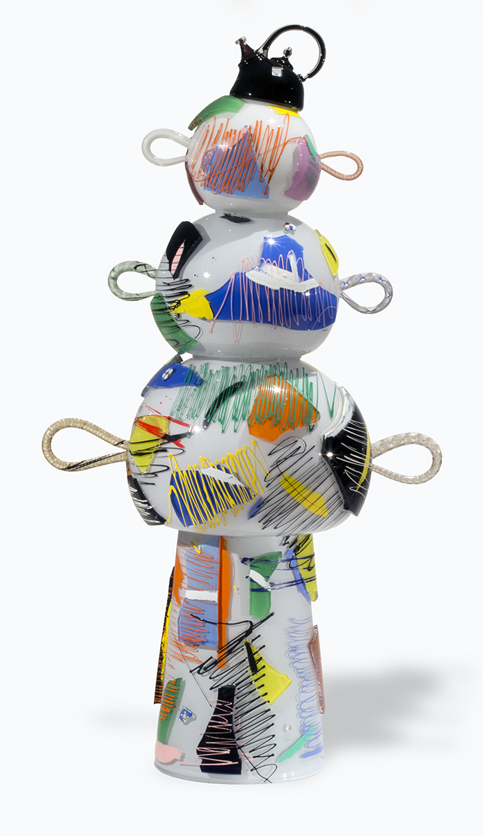"Bubble Boy" by Richard Marquis 1988 Multicolored artwork with a base topped by three progressively narrower spheres/ovals with a protruding loop on each side, with a teapot-shaped crown on top