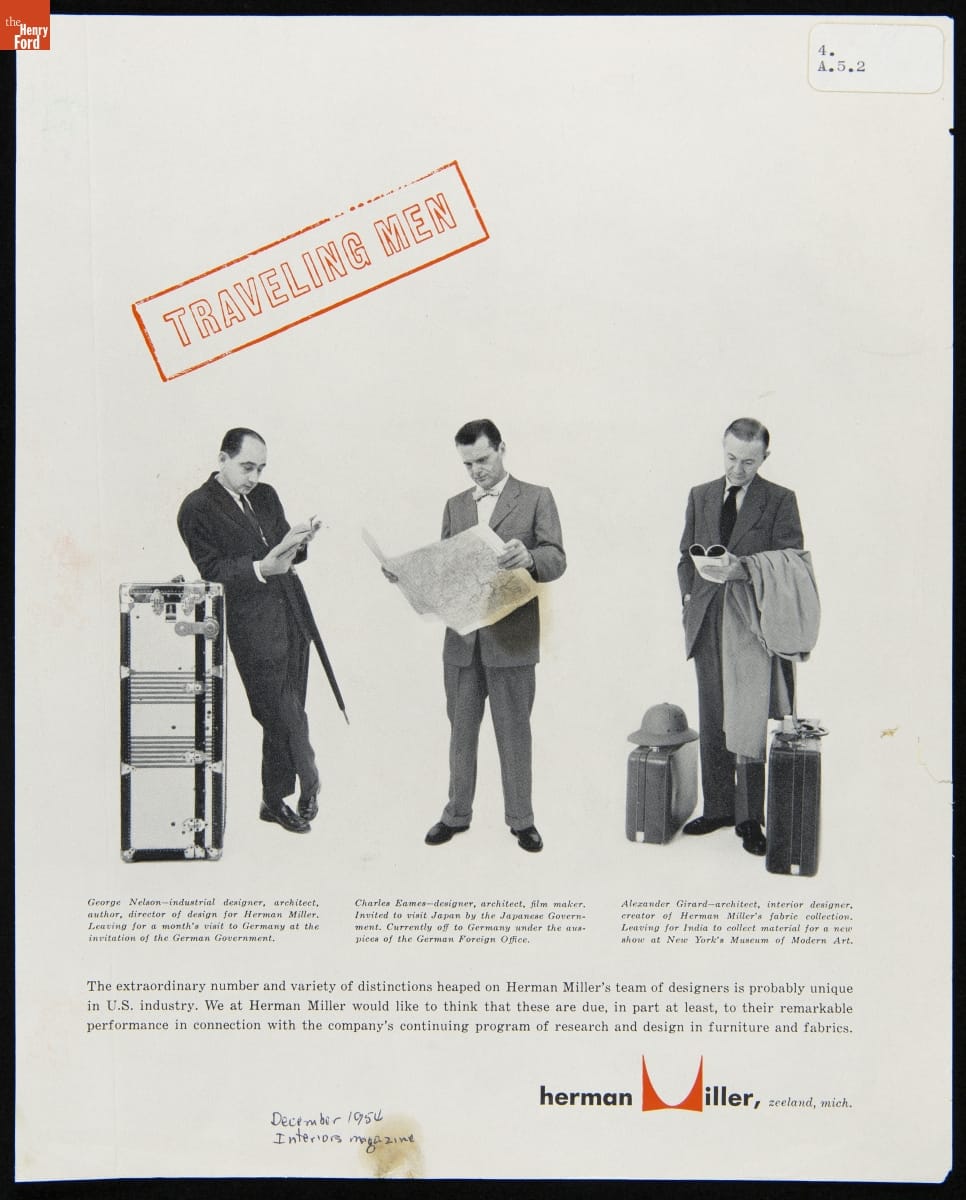 "Traveling Men," Herman Miller Advertisement, 1954 Page with text and images of three men in suits, one reading a book, one looking at a map, and the third reading a magazine, with luggage nearby