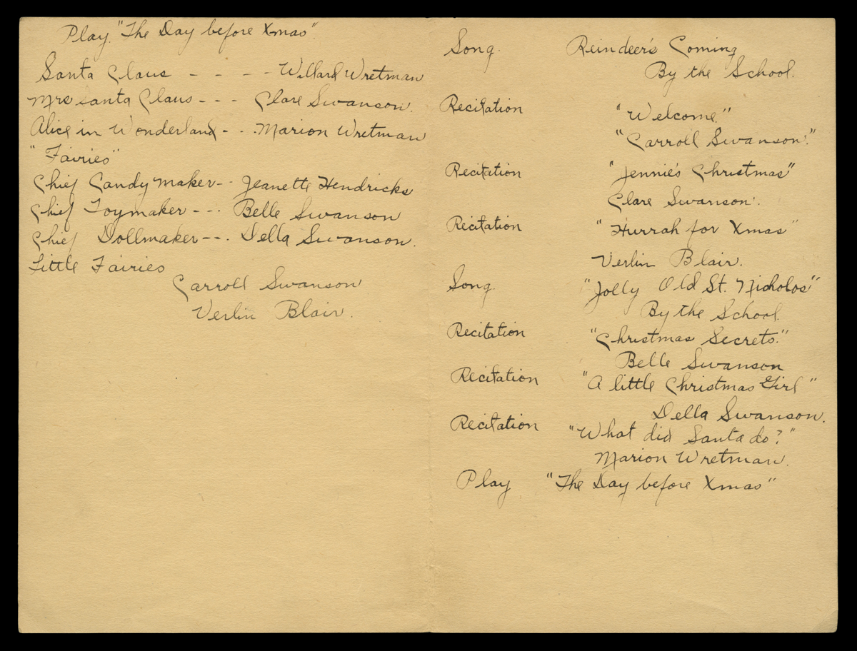 Christmas Program, Blair School, December 23, 1914 / inside Folded page with handwritten text