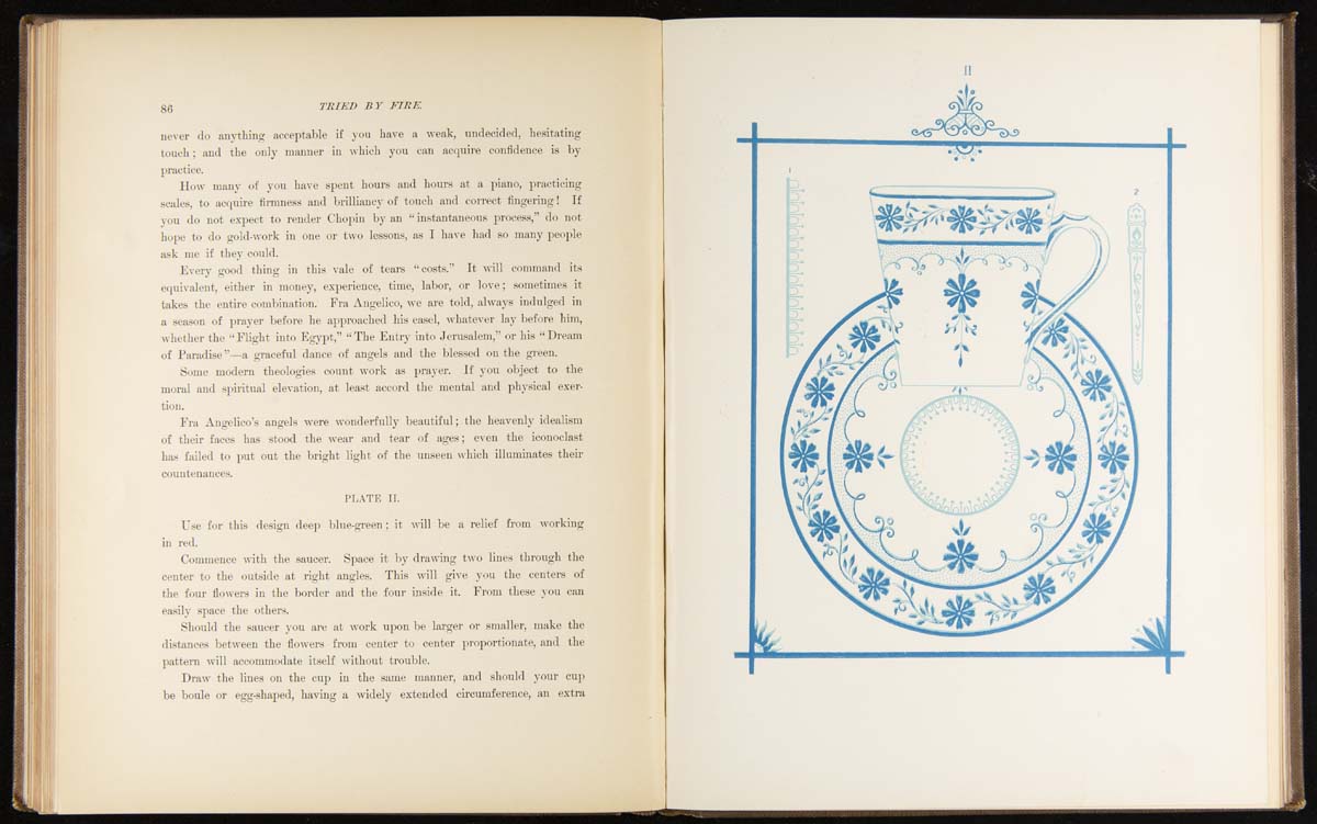 Tried by Fire: A Work on China Painting, 1886 / pages 94 & 95 Book open to one page of text and one page with illustration of white plate and mug with blue floral pattern