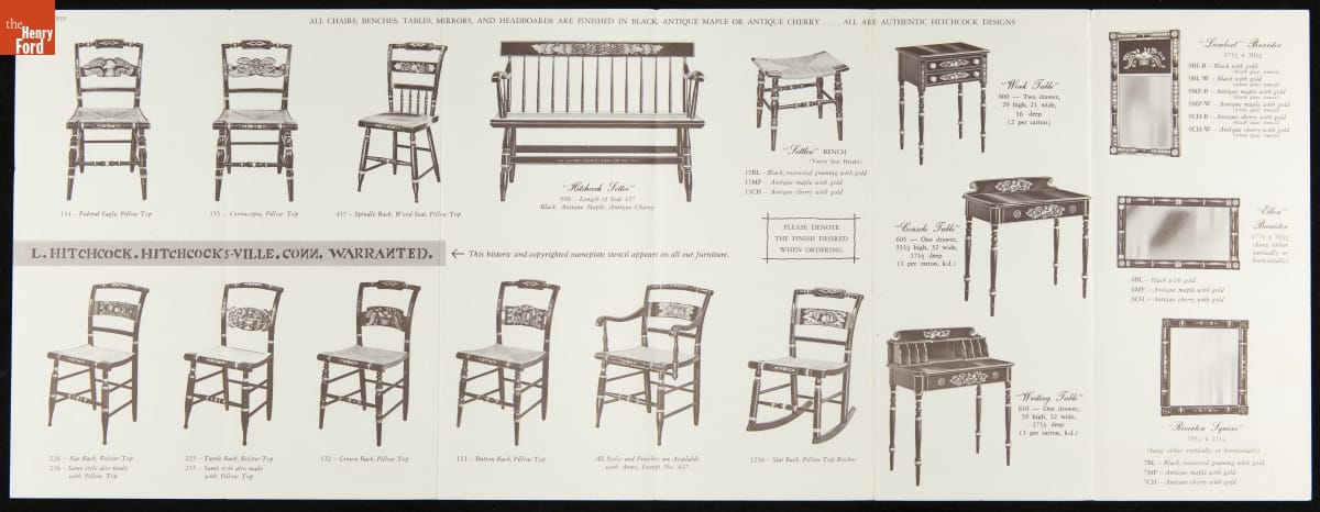 Generations of artisans continued producing Hitchcock chairs and a range of other furniture, as shown in this 1955 brochure. Generations of artisans continued producing Hitchcock chairs and a range of other furniture, as shown in this 1955 brochure.