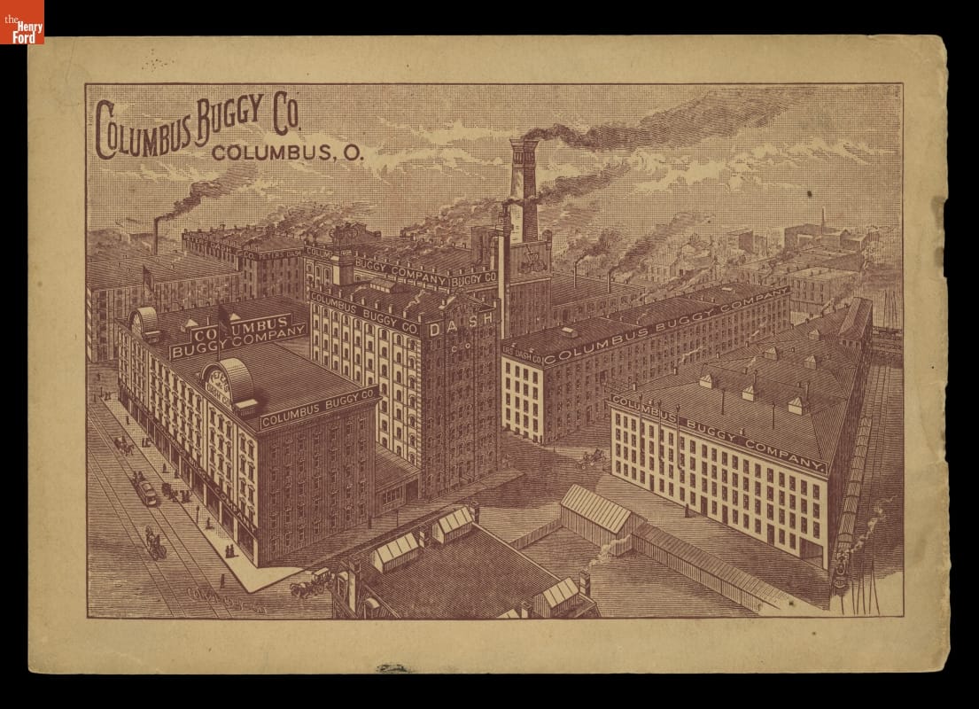 Columbus Buggy Company Catalog, 1889 / back Print of multistory building complex with many chimneys with smoke coming out of them