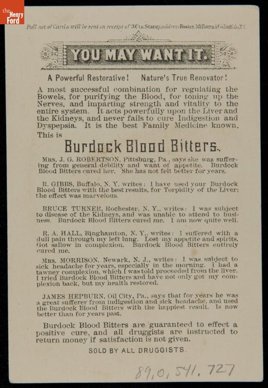 Trade Card for Burdock Blood Bitters, Foster, Milburn & Co., circa 1885 / back card with text