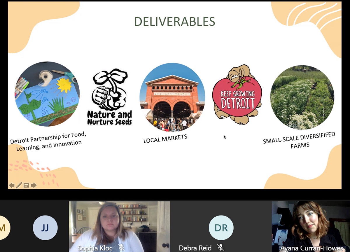 Screenshot from Simmons Intern Ayana Curran-Howes's virtual final presentation Screenshot with slide with text and images above, and virtual-meeting profile photos of two people, plus others with initials only, below
