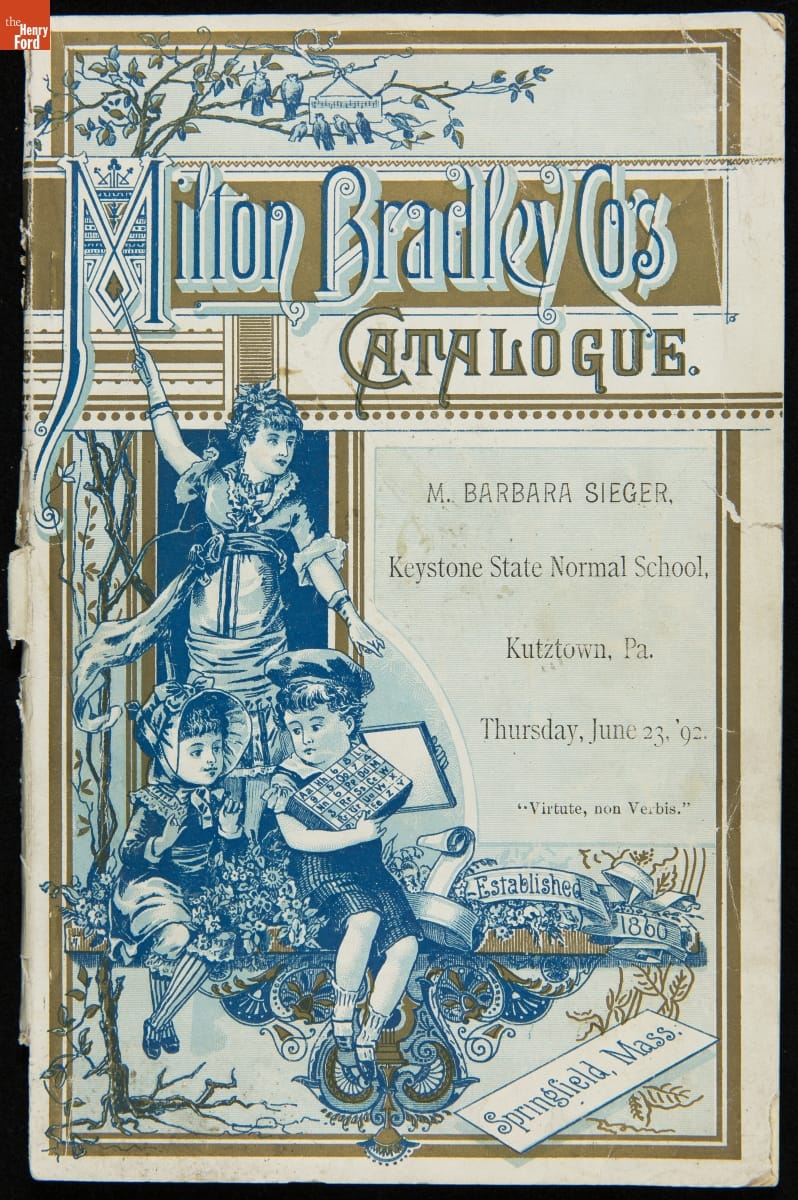 Milton Bradley Company Trade Catalog, "Bradley's School Aids and Kindergarten Material," 1892 Page with elaborate text and illustration of children, one holding a number toy or board