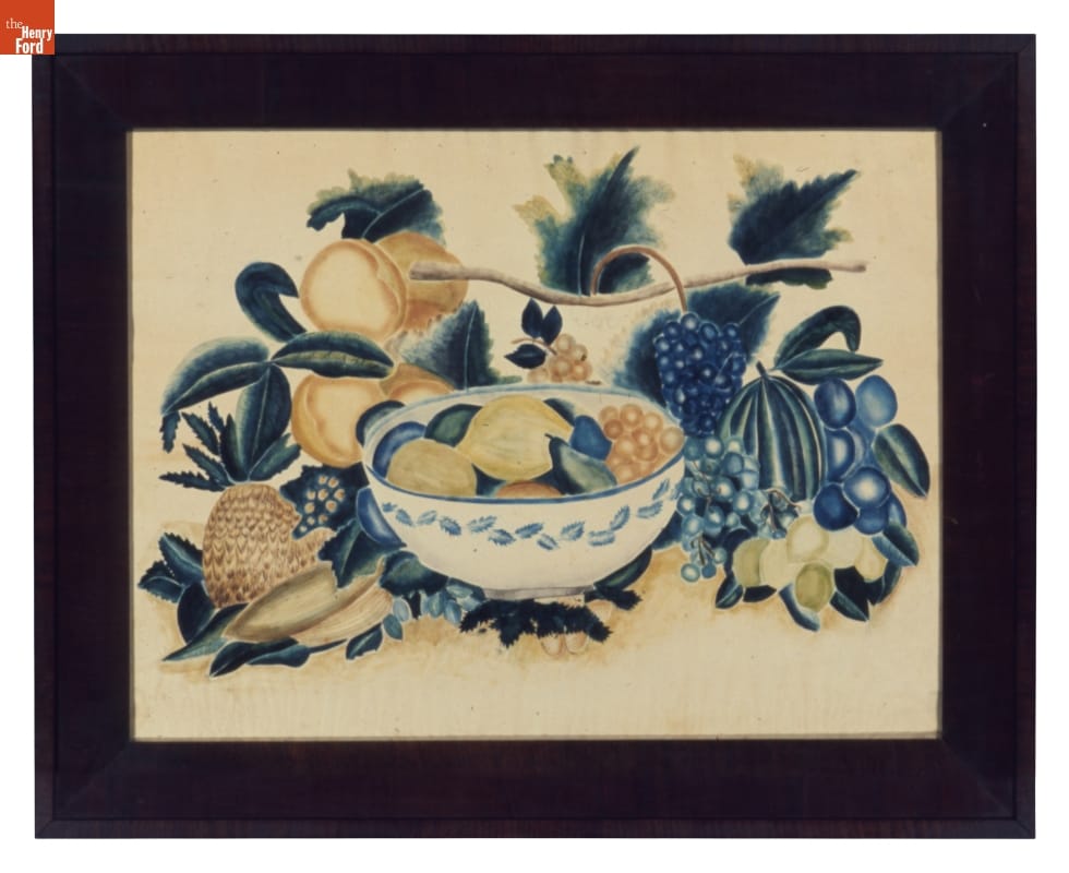Theorem Painting, "Fruit Piece" by Caroline Bennett, 1835 Painting of bowl of fruit with other produce surrounding it