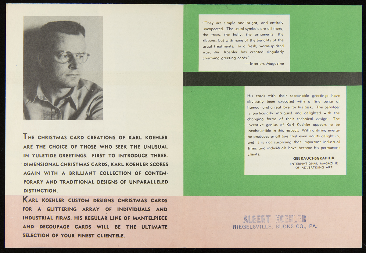 Trade Catalog for Christmas Cards by Karl Koehler, "A Bright New Star," circa 1952 / inside panel 1 Page with text and photo portrait of man wearing glasses