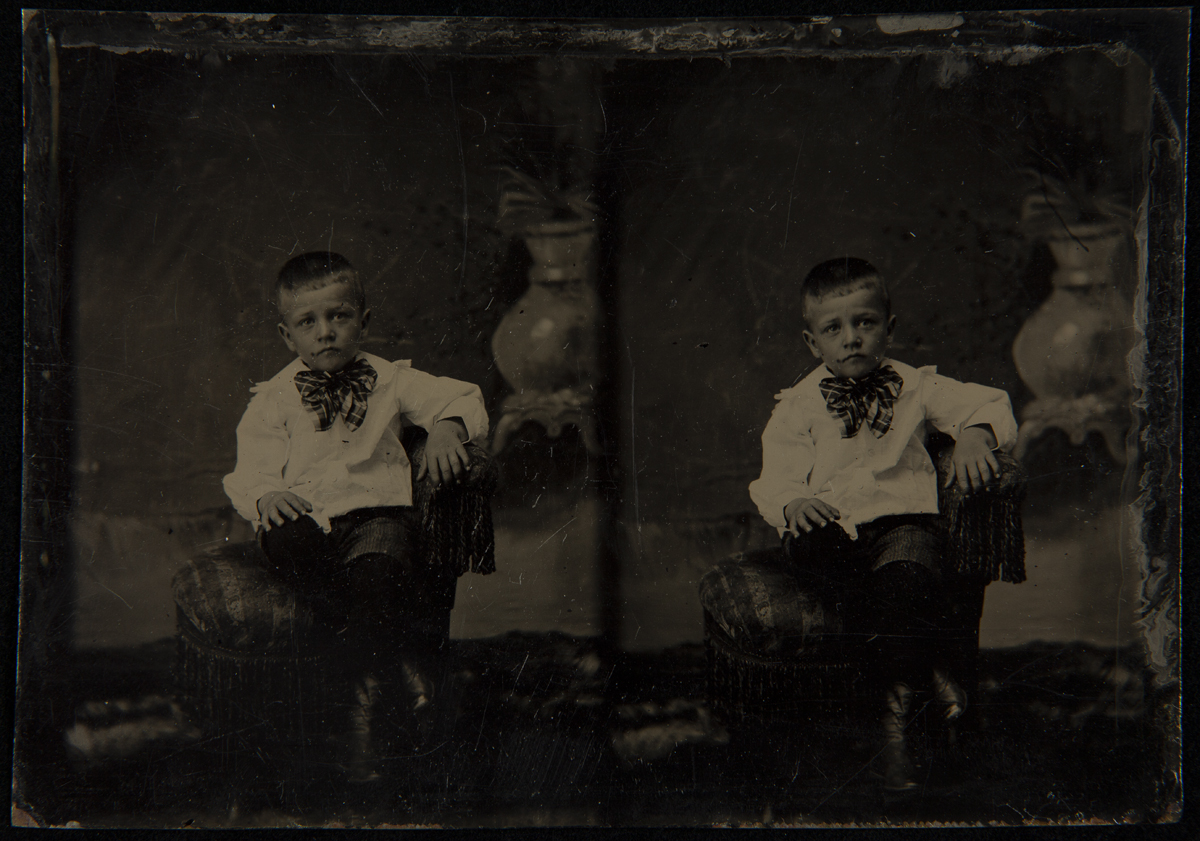 Boy Wearing a Plaid Bow Tie, circa 1895 Two images of seated boy wearing white shirt and plaid bow at neck
