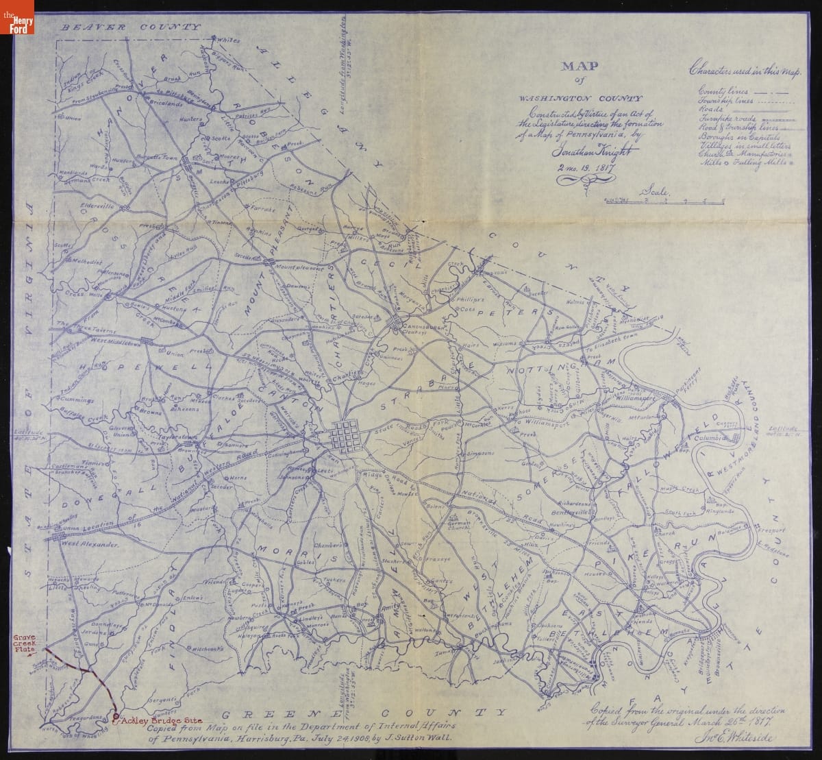 Map of Washington County, Pennsylvania, Showing the Original Site of Ackley Covered Bridge, 1908 Blue-line map of Washington County, with text and legend