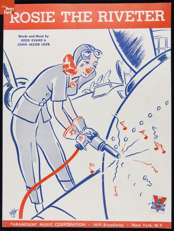 "Rosie the Riveter," 1942 Red, white, and blue line illustration of woman riveting airplane parts; also contains text