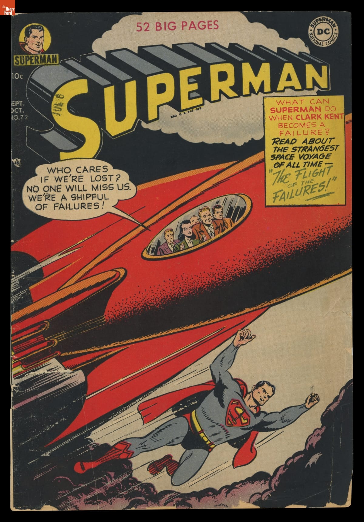 "Superman" Comic Book for September-October 1951 Man in blue and red super hero outfit flying underneath a red rocket with a number of people visible in a window; text