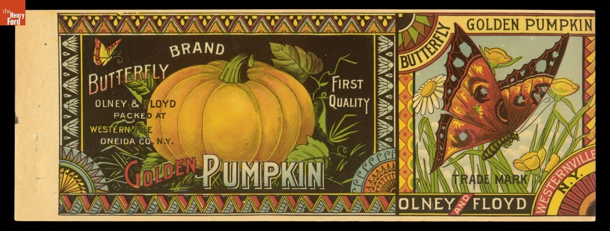 Colorful and intricate label with images of pumpkin and butterfly; also contains text