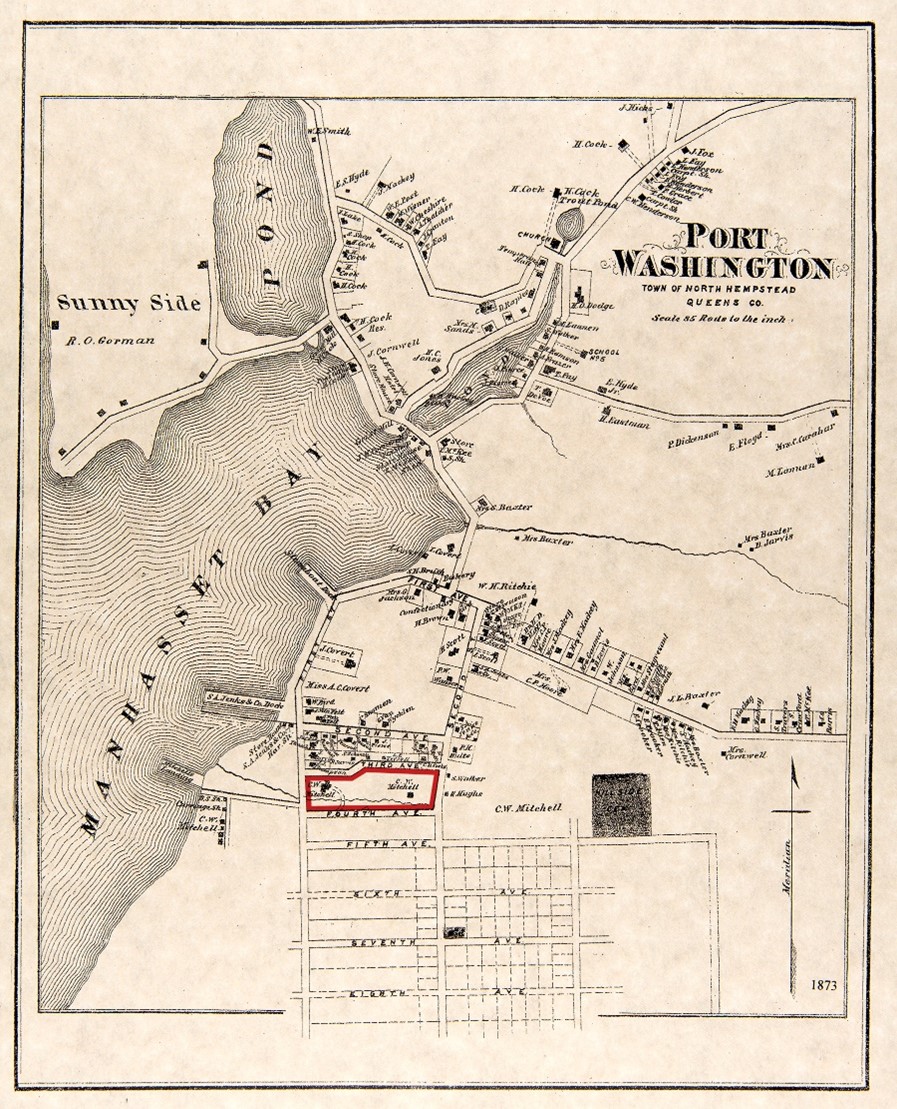 Map of Port Washington in 1873 Map of Port Washington with irregularly shaped area outlined in red