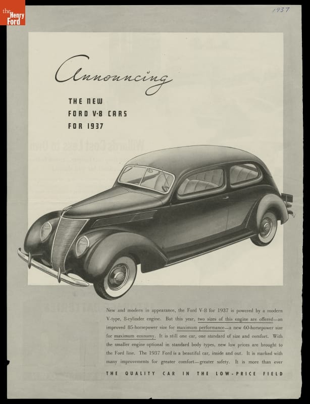 Ford Motor Company Advertisement, "Announcing the New Ford V-8 Cars for 1937" Page with text and image of car