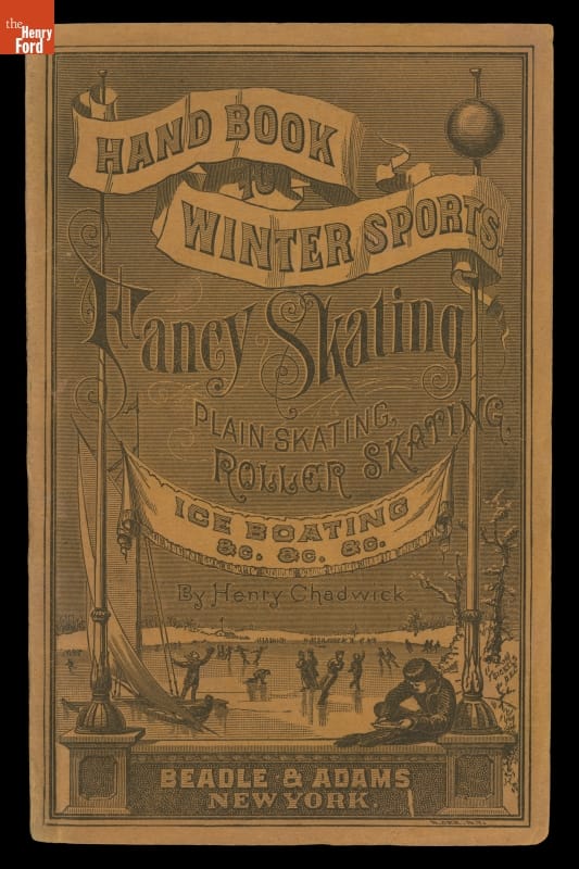 Book, "Handbook of Winter Sports," 1879 Brown cover with decorative text and etching of people skating and ice-boating on a frozen lake or pond