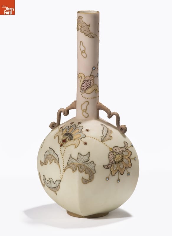 Crown Milano Vase, 1888-1893 Ecru-colored vase with wide body and thin neck, decorated with floral pattern in shades of beige and brown