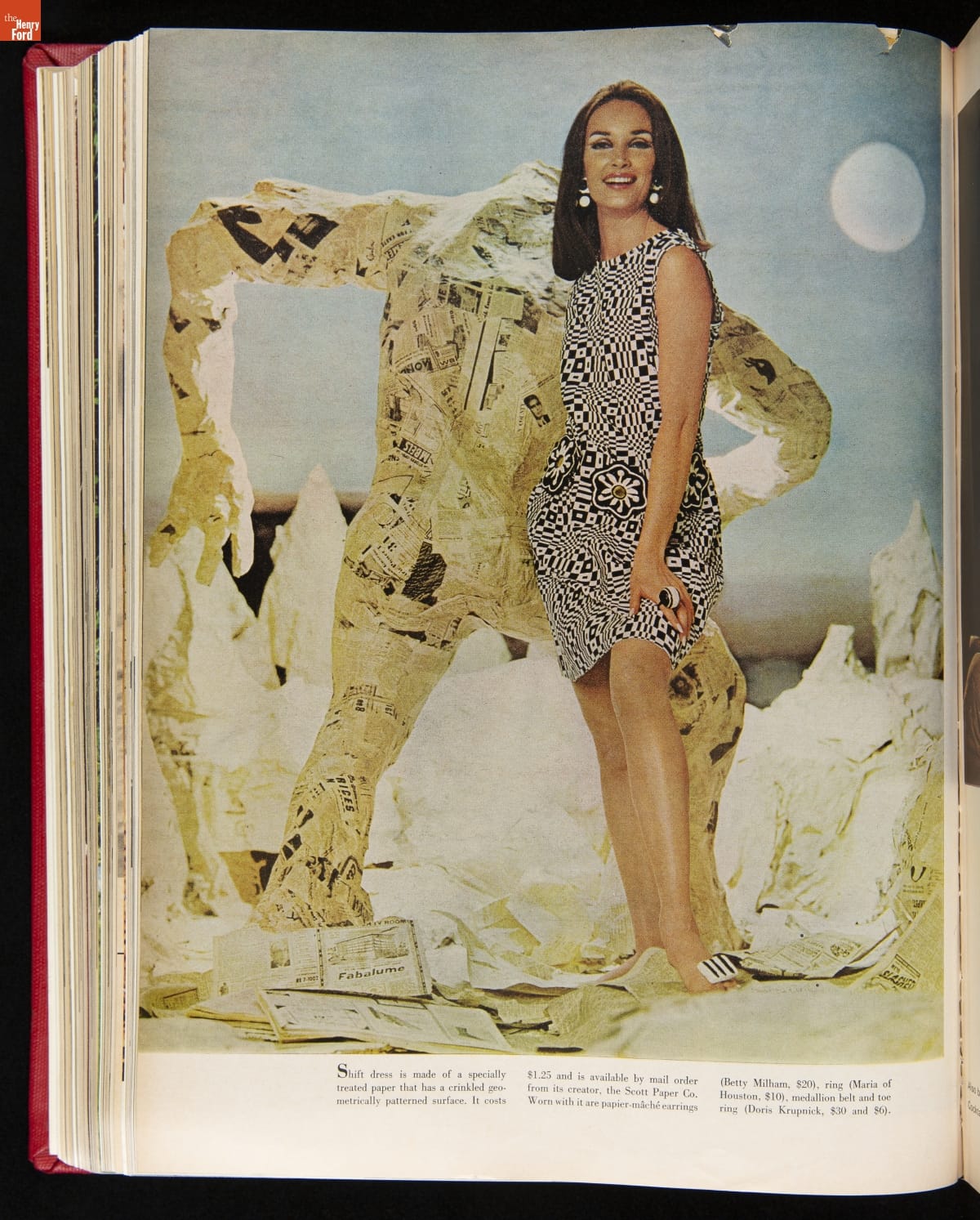 Life Magazine, Bound Volume, April-June 1966 / 29 April 1966 (Page 90) Woman in black-and-white geometric-patterned dress in front of what appears to be a papier mâché sculpture of a person in a landscape