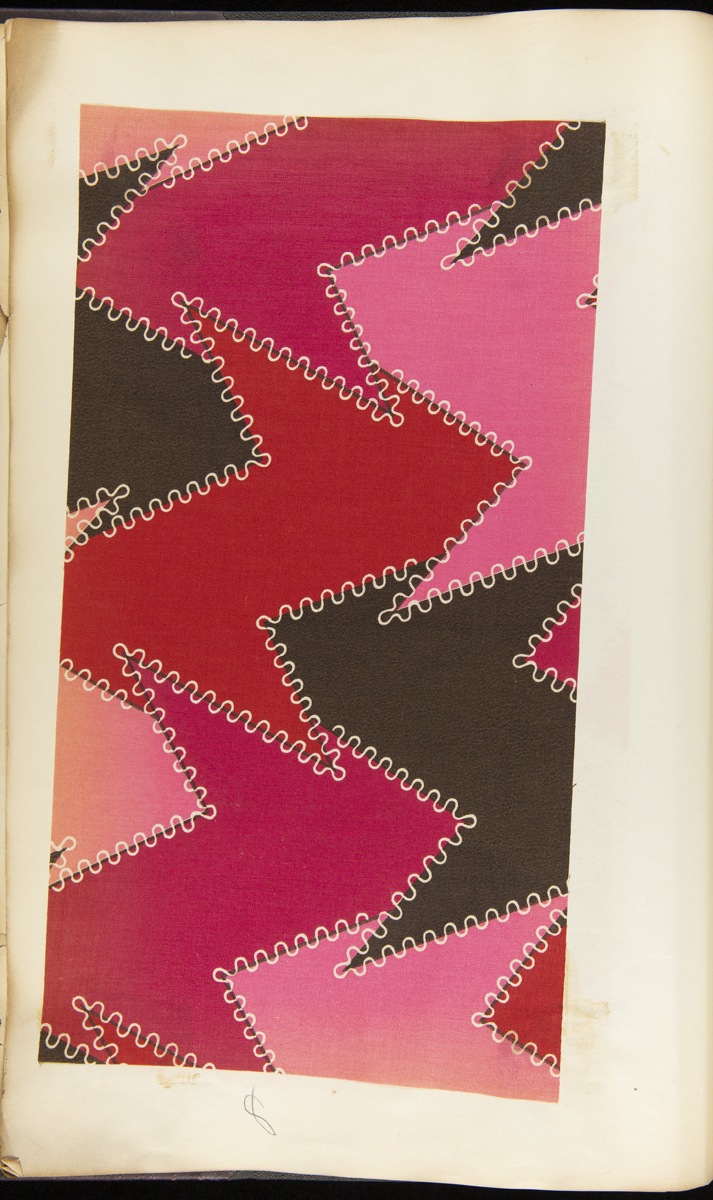 Sample Book for Hamilton Manufacturing Company, April 9, 1900 to May 27, 1901 Page containing vivid red, pink, and black fabric swatch in a zigzag pattern