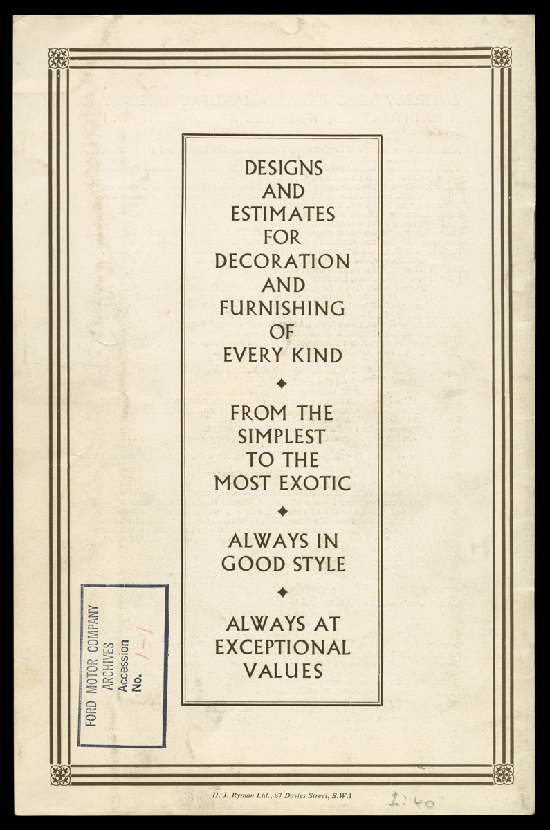 Houghton Studio Catalog, "Houghtons...Design & Manufacture of Decoration, Furniture, Etc.," 1925-1928 / back cover Page with text