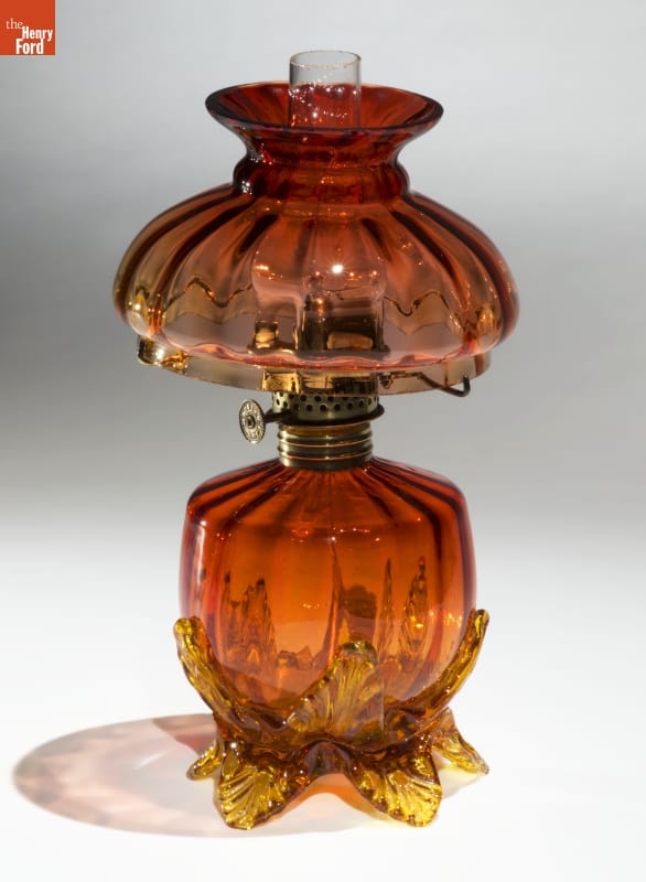 Kerosene Lamp, circa 1880 Orange and yellow glass kerosene lamp
