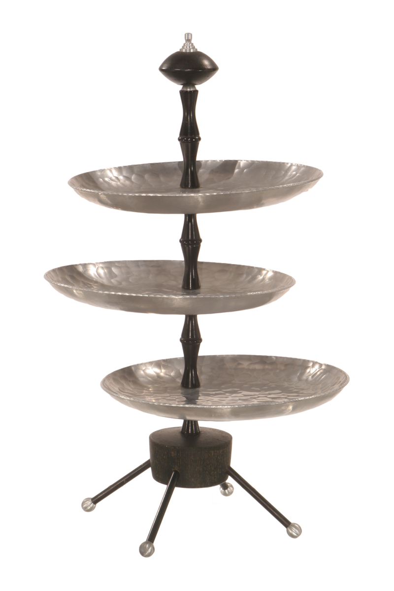 Everlast "Modern" Three-Tier Tidbit Tray, 1953 Tiered tray with tripod base, black center rod and three silver trays extending from it