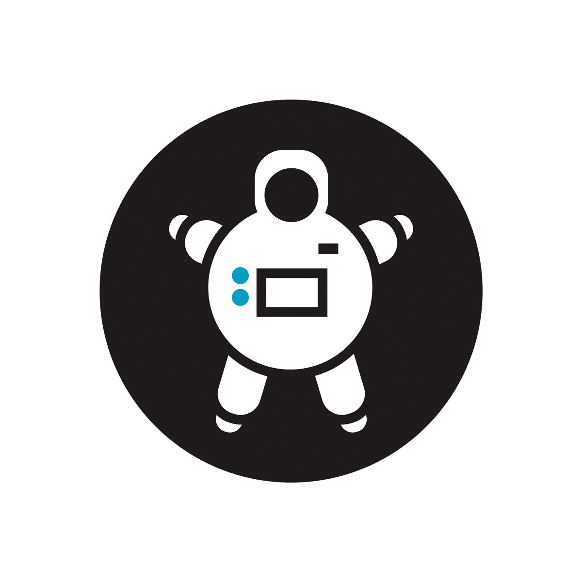 Spacesuit in a vacuum Circular graphic with rotund spacesuit on black background