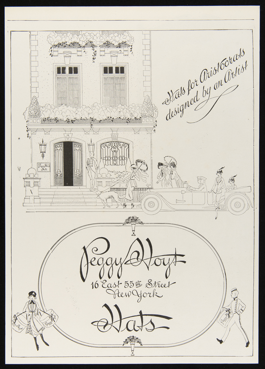Advertisement, "Peggy Hoyt Hats: Hats for an Aristocrat Designed by an Artist," 1923 Page with line drawing of house, car, and women walking, as well as text
