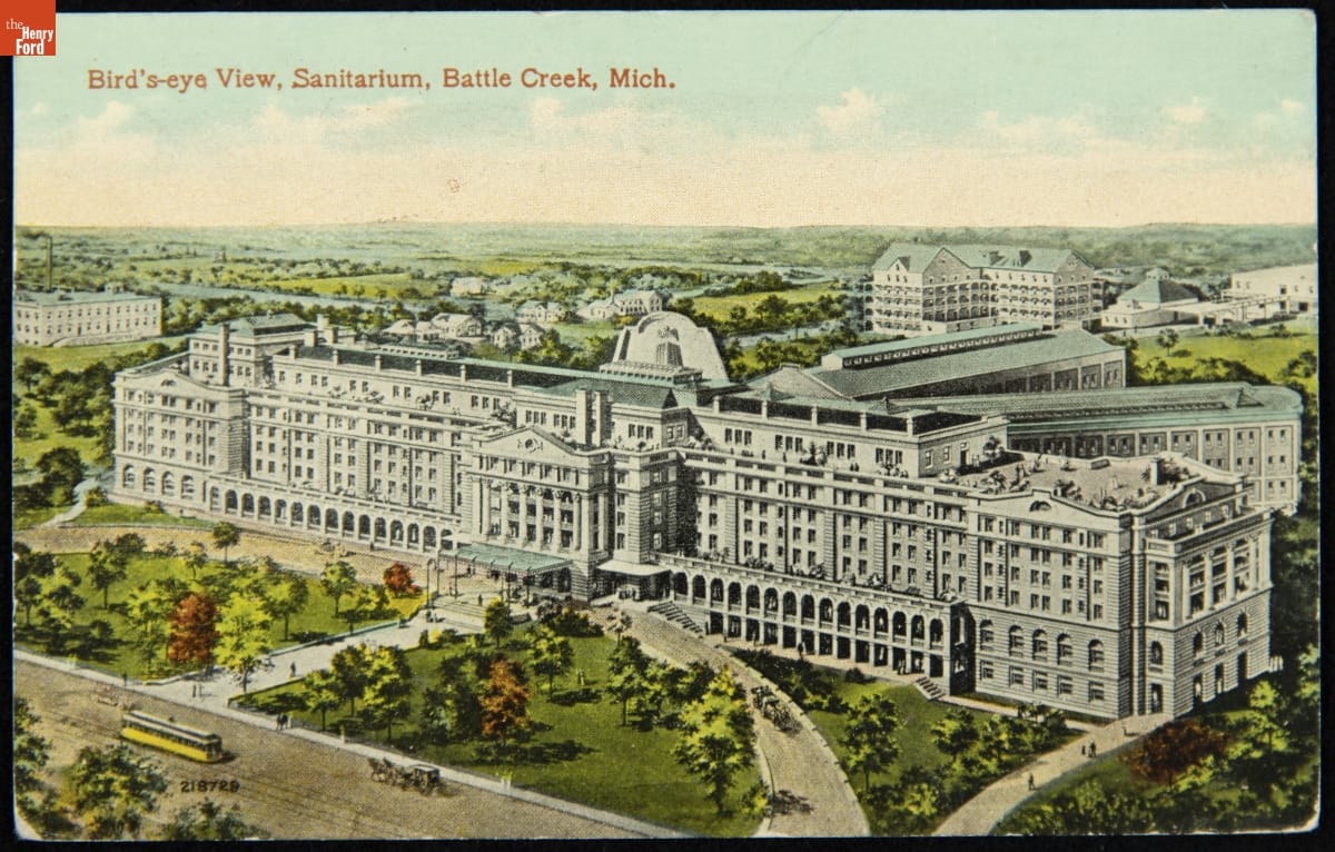 Battle Creek Sanitarium, Battle Creek, Michigan, circa 1915 Color illustration of large white building complex surrounded by lawns, trees, and a few other buildings; contains text
