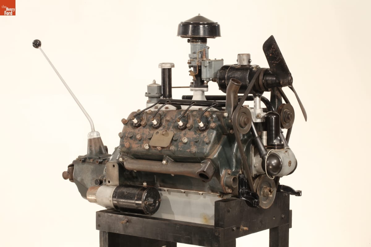 1932 Ford V-8 Engine, No. 1 Engine sitting on a stand