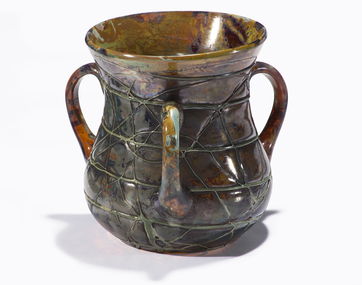 Favrile Vase, circa 1899 Short, wide vase in shades of brown with inscribed pattern of lines and three handles