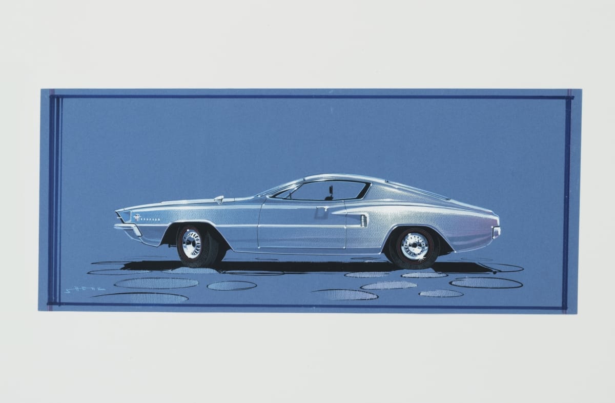 Rendering of Mustang Design Proposal by William Shenk, 1967-1968 Drawing of sleek blue car on blue background
