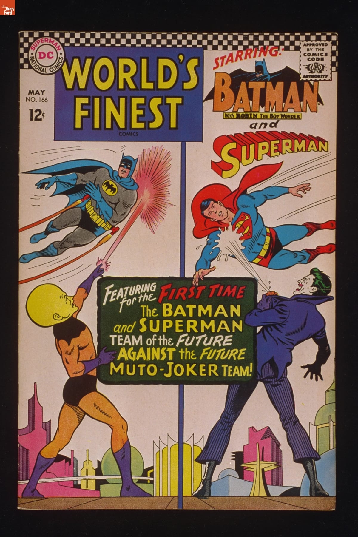 "World's Finest" (Batman and Superman) Comic Book for May 1967 Illustration divided down the center with a dark line showing two comic book characters fighting on each side of the line, with text