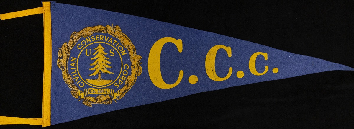 Civilian Conservation Corps "1614th Co." Pennant, 1934 Blue pennant with text "C.C.C." and golden seal with text and tree