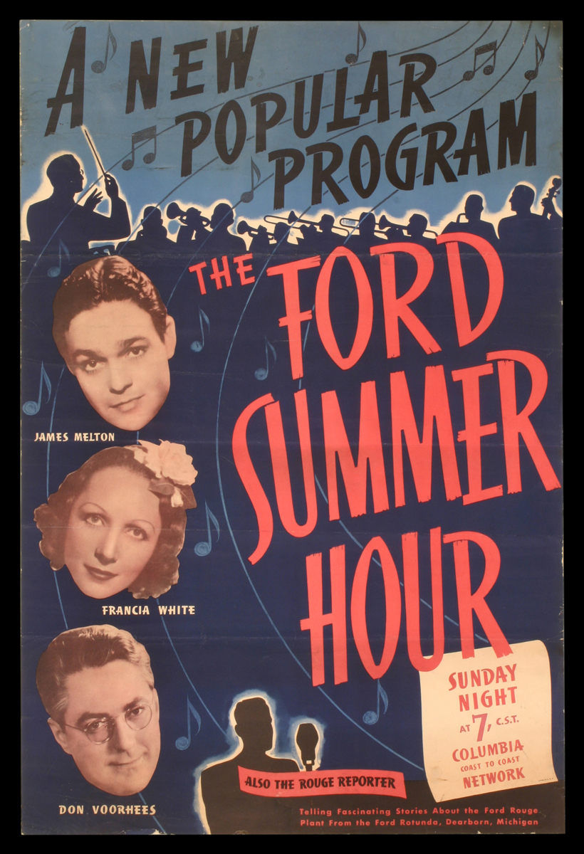 Advertising Poster, "The Ford Summer Hour," 1939 Poster with images of three people's heads and text of varying sizes/colors, against a backdrop of a silhouetted orchestra with conductor; also contains musical notes