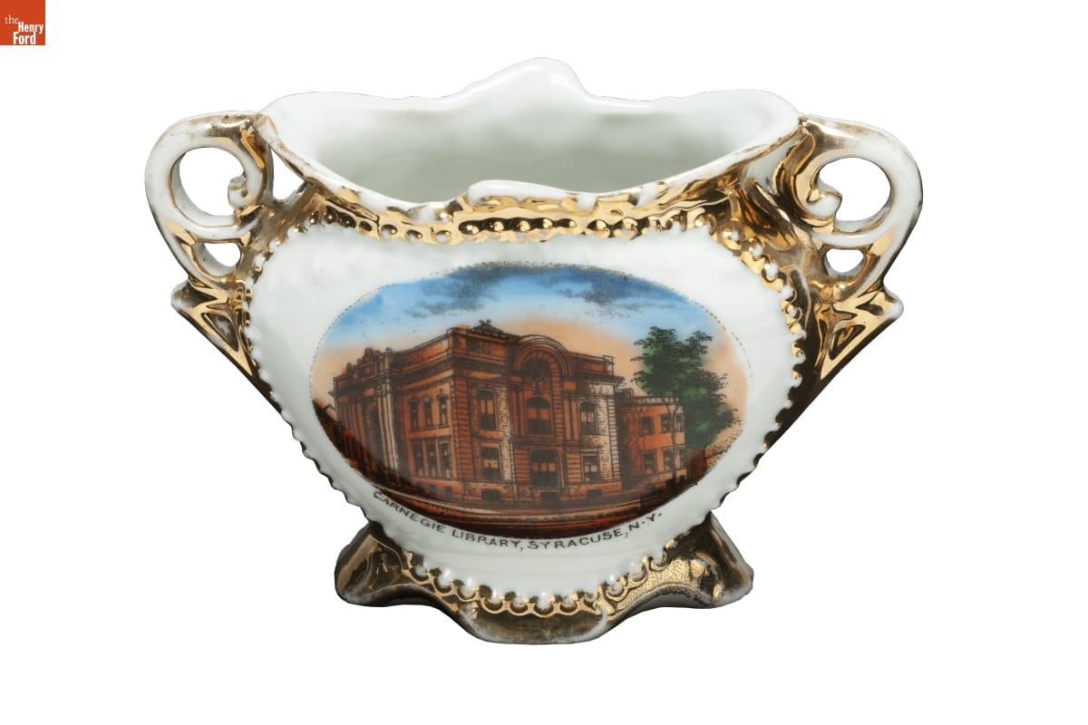 Ceramic vase depicting the Carnegie library.