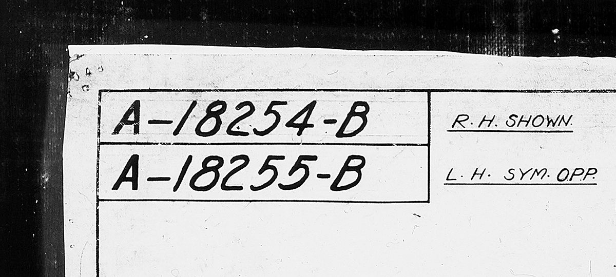Drawing, "Windshield Wing Bracket Assembly," Ford Model A, December 3, 1930 (detail) Handwritten text reading in part “A-18254-B” followed by “A-18255-B”