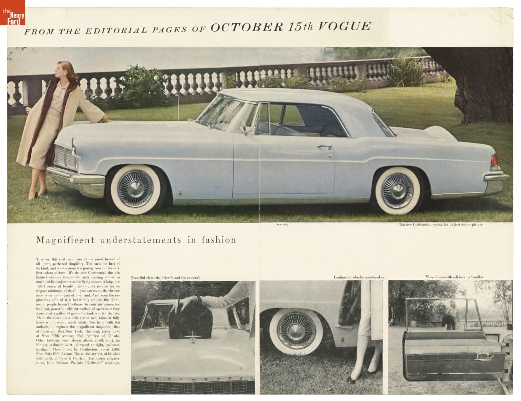 1956 Continental Mark II Advertisement, "Magnificent Understatements in Fashion" Two-page spread with a photo of a long blue car with a woman leaning on the hood and a concrete balustrade behind; contains text and smaller car detail images at bottom