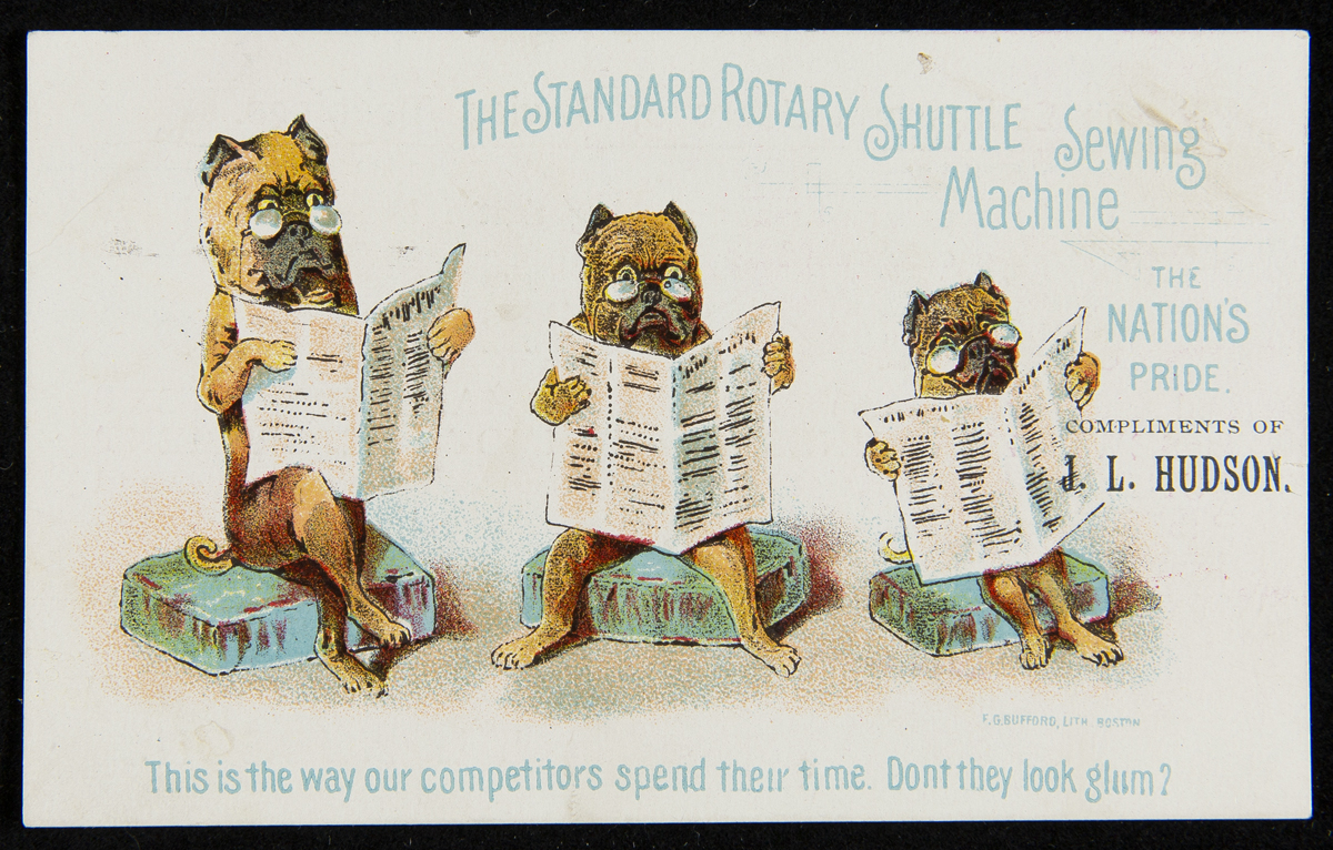 Trade Card for the Standard Rotary Shuttle Sewing Machine, Standard Sewing Machine Co., 1891-1900 Card with drawing of three dogs wearing glasses and reading newspapers; also contains text