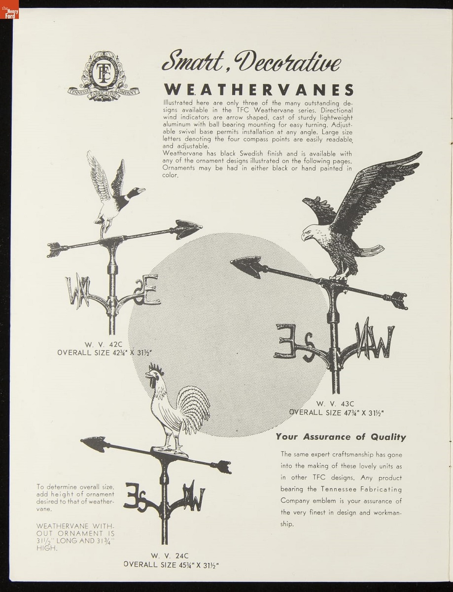 Tennessee Fabricating Company Catalog, "Ornamental Iron Accessories," 1959 / page 1 Catalog page with three illustrations of weathervanes featuring a duck, a rooster, and an eagle; also contains text