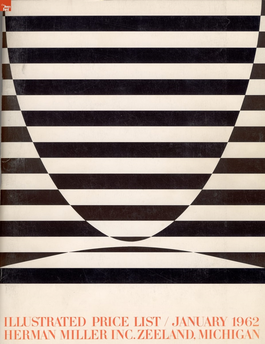 Herman Miller, Inc. Catalog, "Illustrated Price List," January 1962 Page with op-art-like black and white stripes, offset to create a stylized letter "M"; also contains text