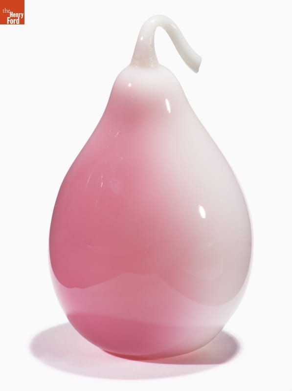 Peachblow Pear Whimsey, 1880-1890 Glass pear with white color on one side morphing to pink on the other