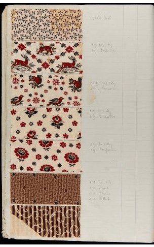 Washington Anderton's Textile Samples Notebook, Cocheco Mfg. Co., November to December 1877 GIF cycling through three sheets containing rectangular fabric samples in a variety of colors and patterns in rows; also contains handwritten numbers and text